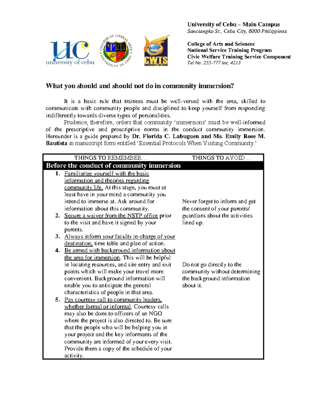 Protocols for Community Immersion: NSTP Guidelines and Tips - Studocu
