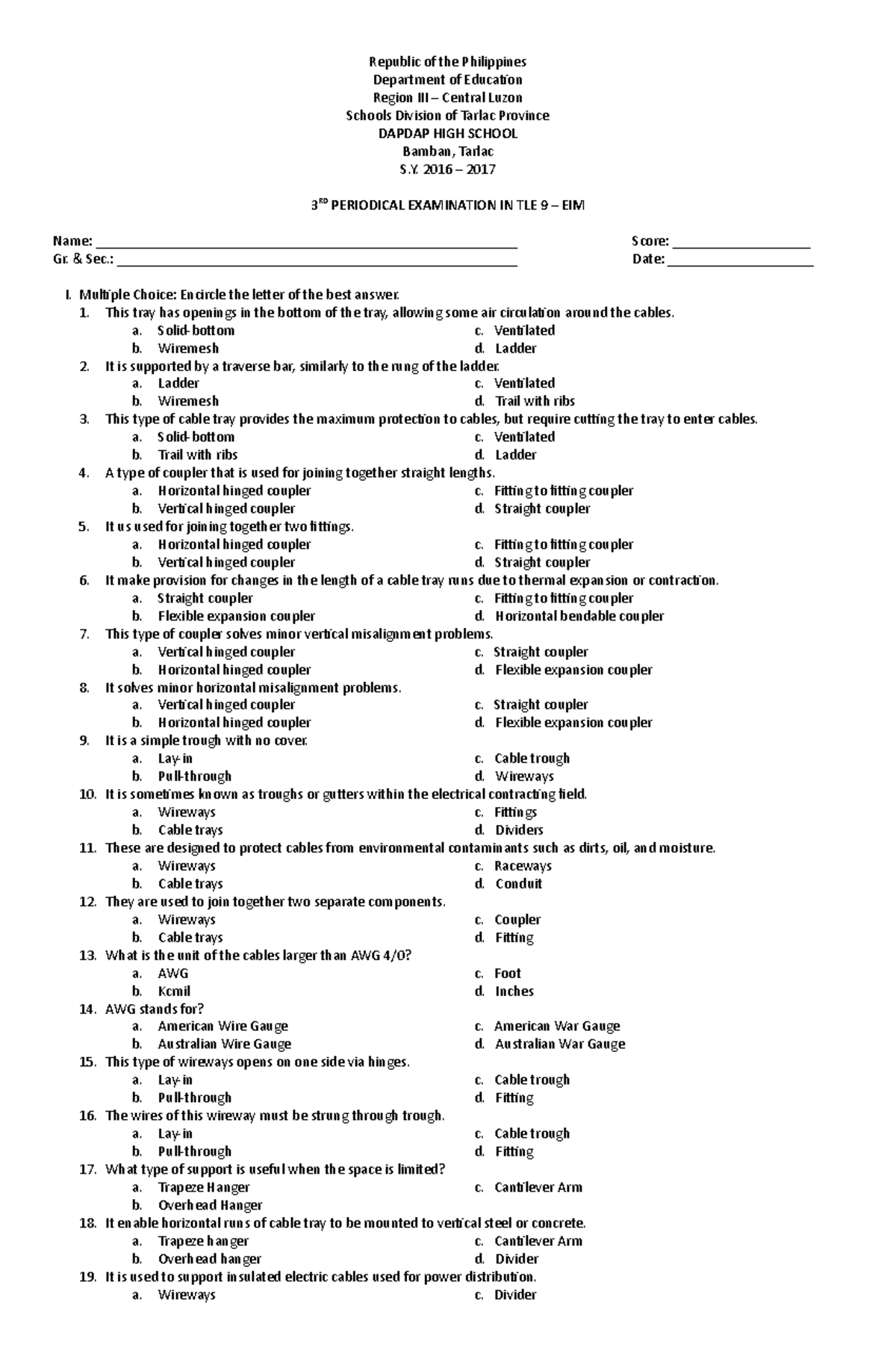 TLE 9 - EIM 3rd Periodical Exam: Electrical Installation & Maintenance ...