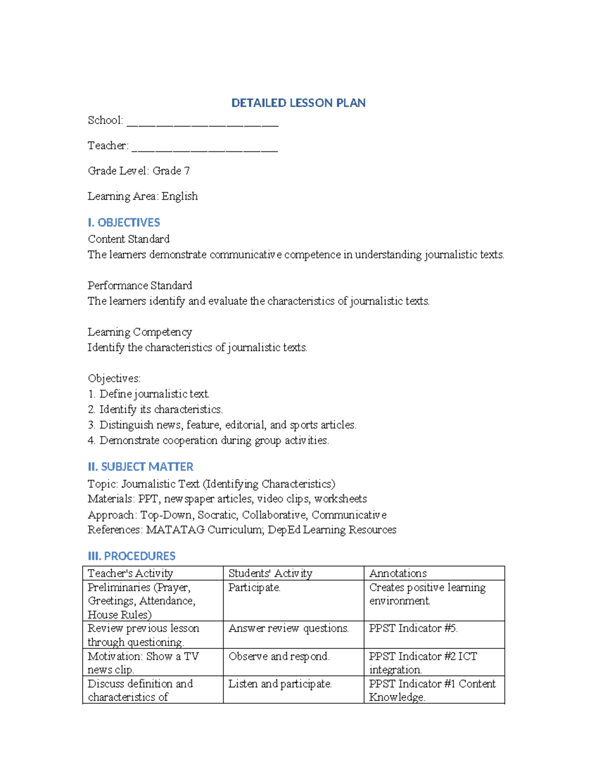 Journalistic Text DLP for Grade 7 English: Lesson Plan Overview - Studocu
