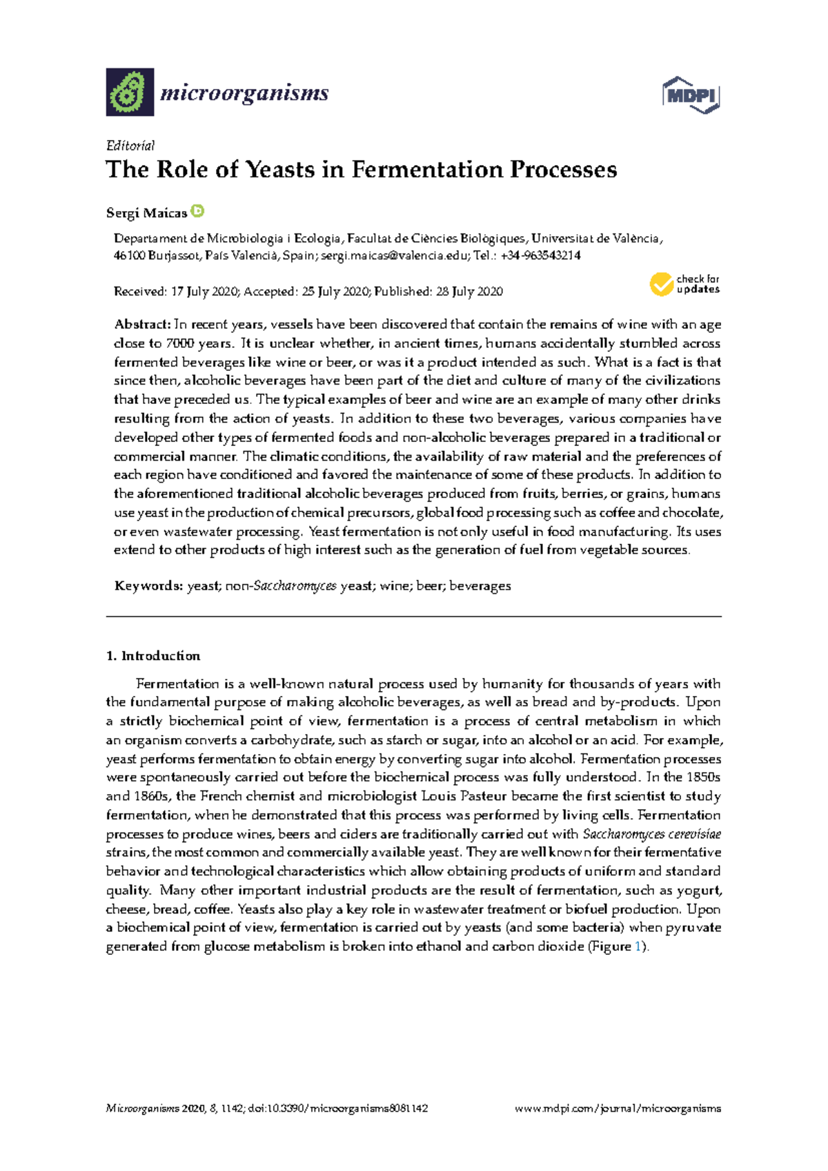 The Role of Yeasts in Fermentation Processes (Microorganisms 2020 ...