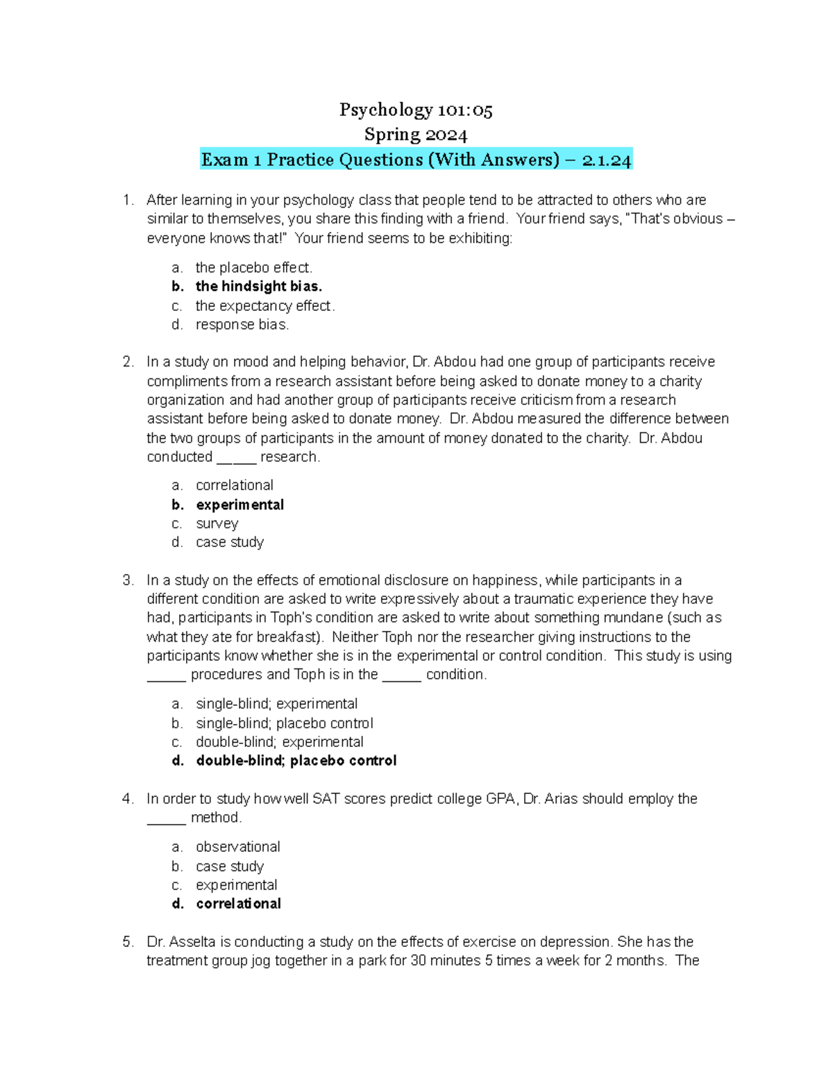 Psychology 101 05 Spring 2024 Exam 1 Practice Qs & Answers – Set 2 ...