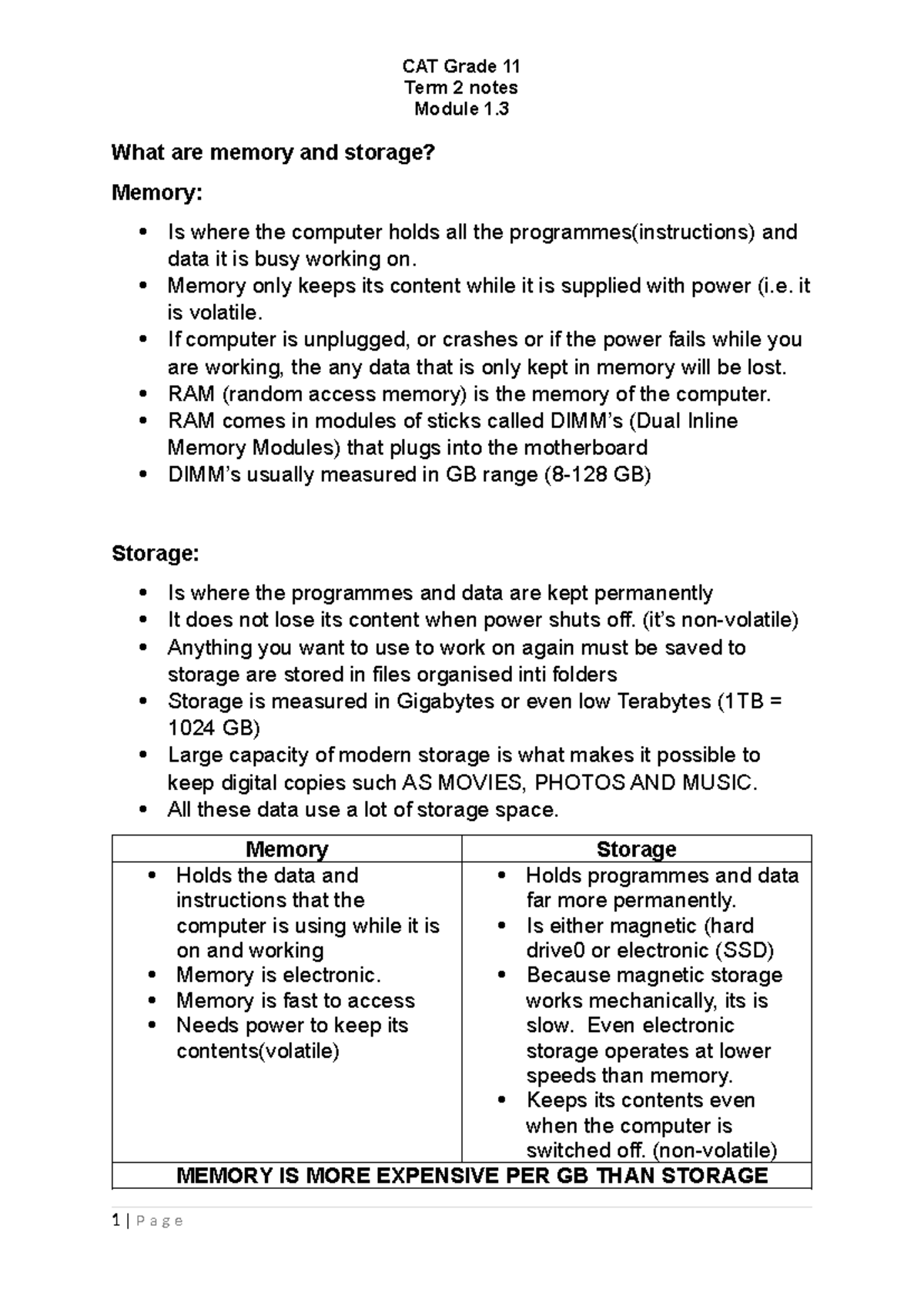 GR 11 CAT Term 2 Notes: Memory & Storage Overview - Studocu