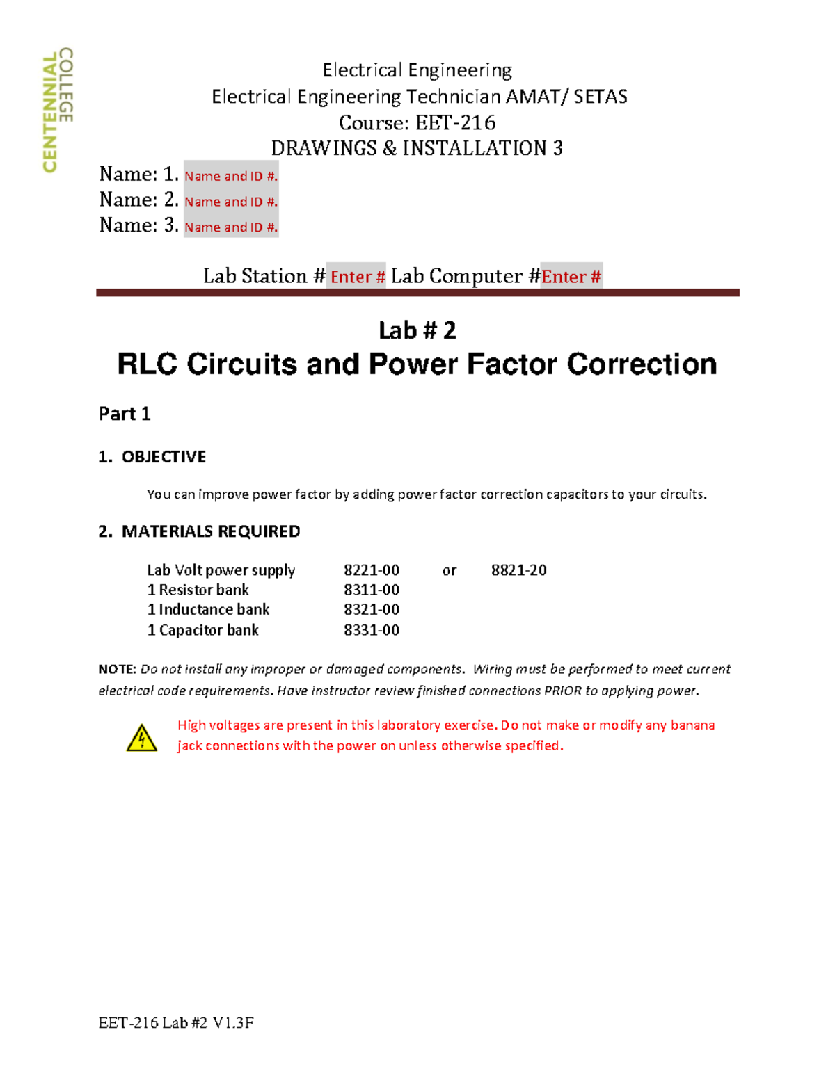 EET216 LAB2 - RLC Circuits & Power Factor Correction Lab Report - Studocu