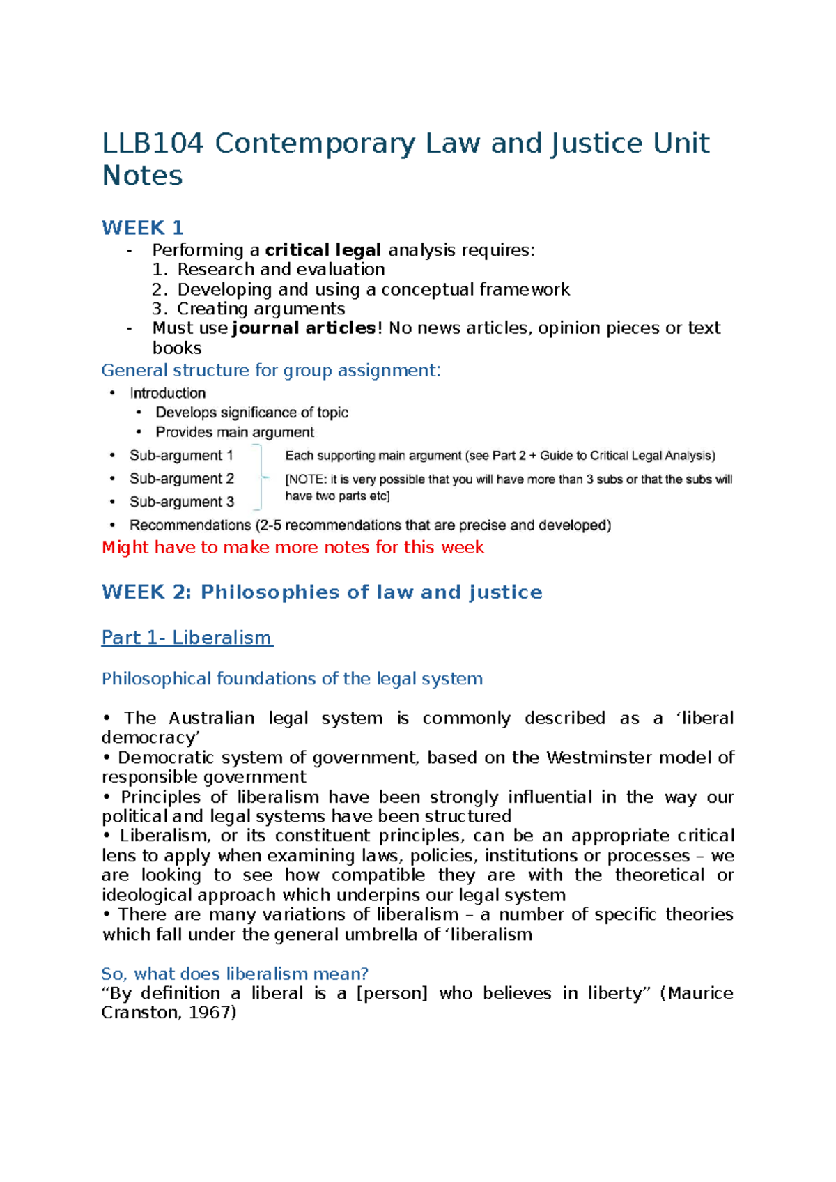 LLB104 Contemporary Law and Justice Unit Notes: Weeks 1-4 Overview ...