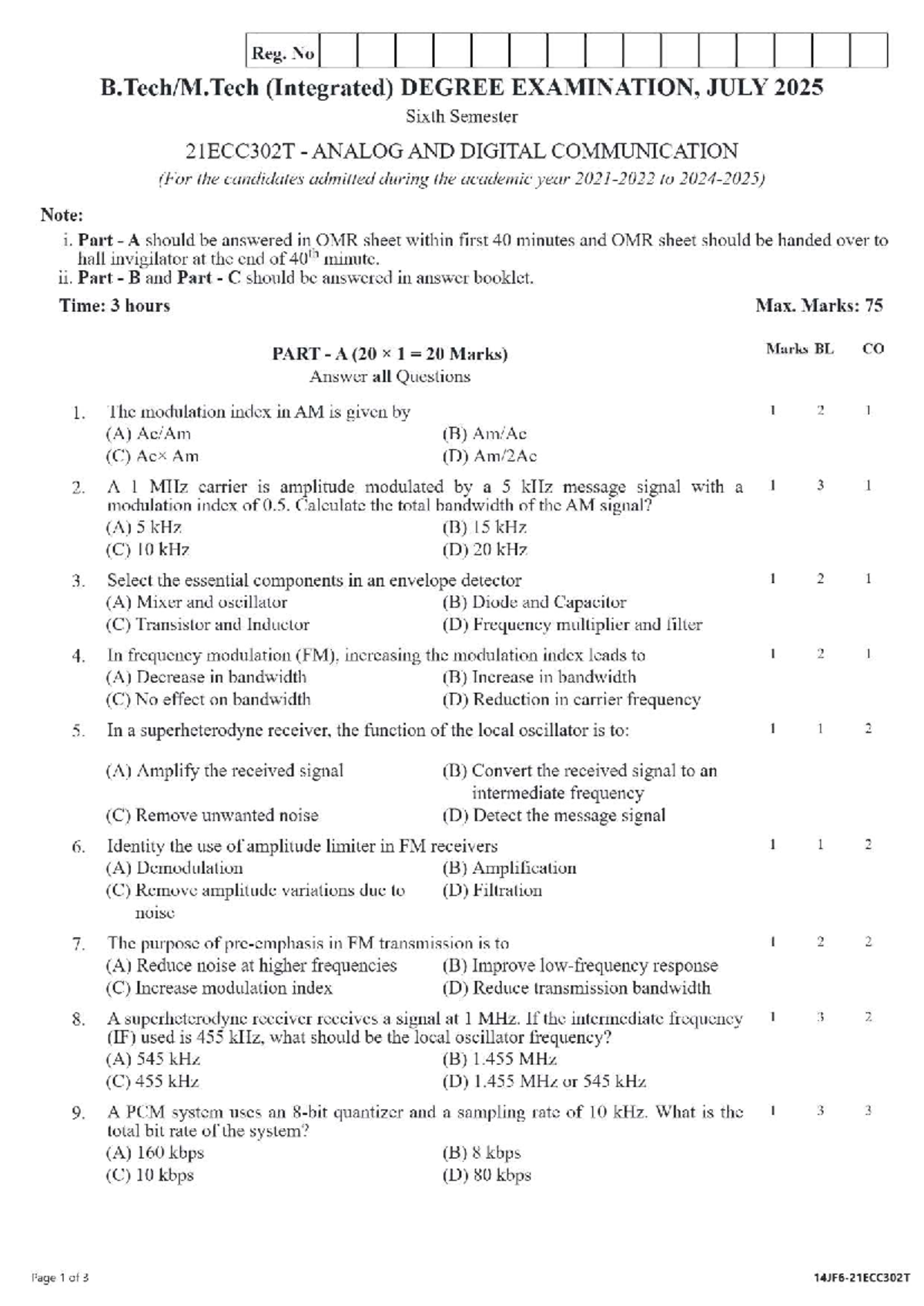 21ECC302T Analog and Digital Communication Exam Questions - July 2025 ...