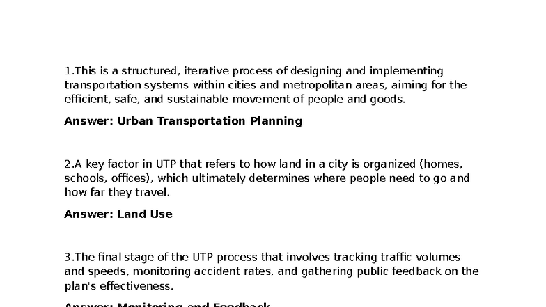 Transpo-QUIZ: Key Concepts in Urban Transportation Planning - Studocu