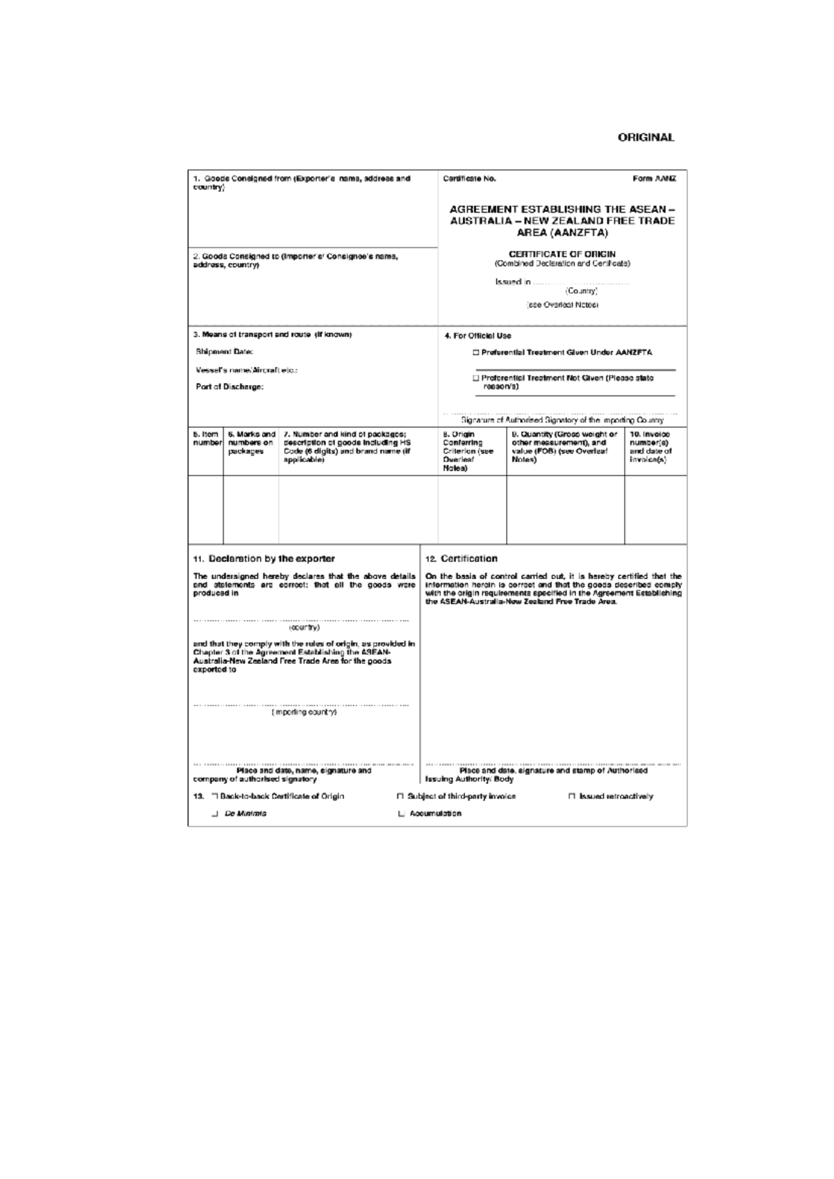 AANZFTA Certificate of Origin and Goods Consignment Agreement - Studocu