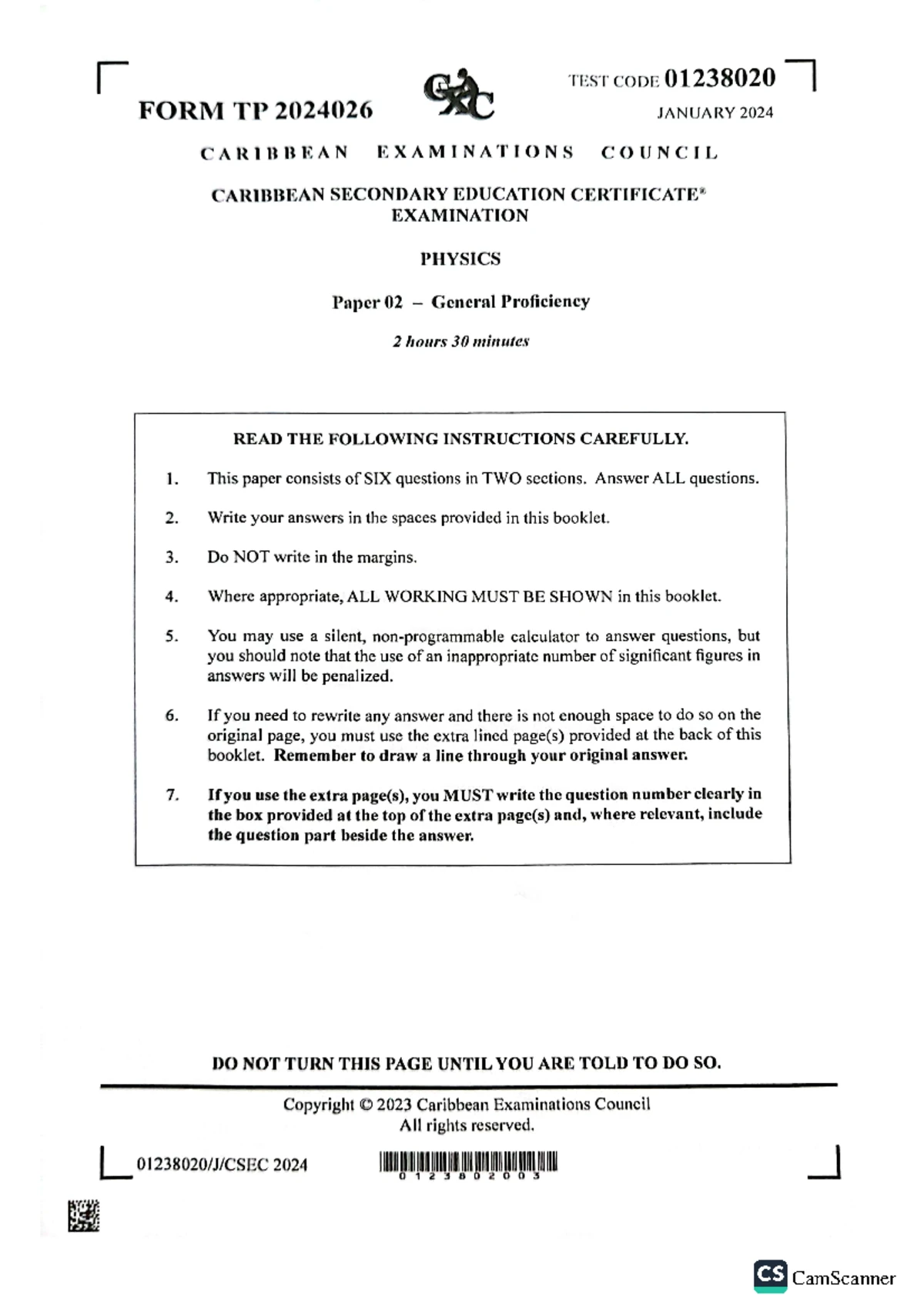 Physics CAPE Unit 2 Paper 01 Exam Instructions - June 2019 - Studocu