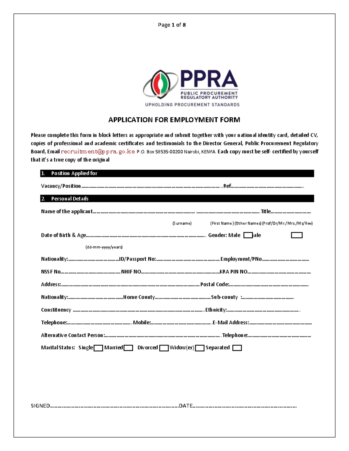 APPLICATION FOR EMPLOYMENT FORM - PPRA Recruitment Document - Studocu