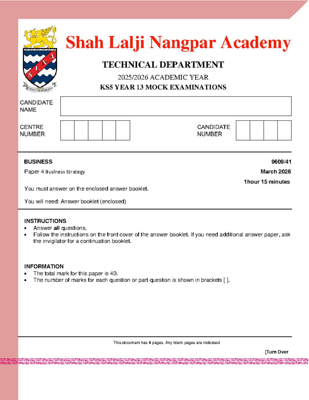 KS5 Year 13 Mock Exam: Business Strategy 9609/41 - Studocu