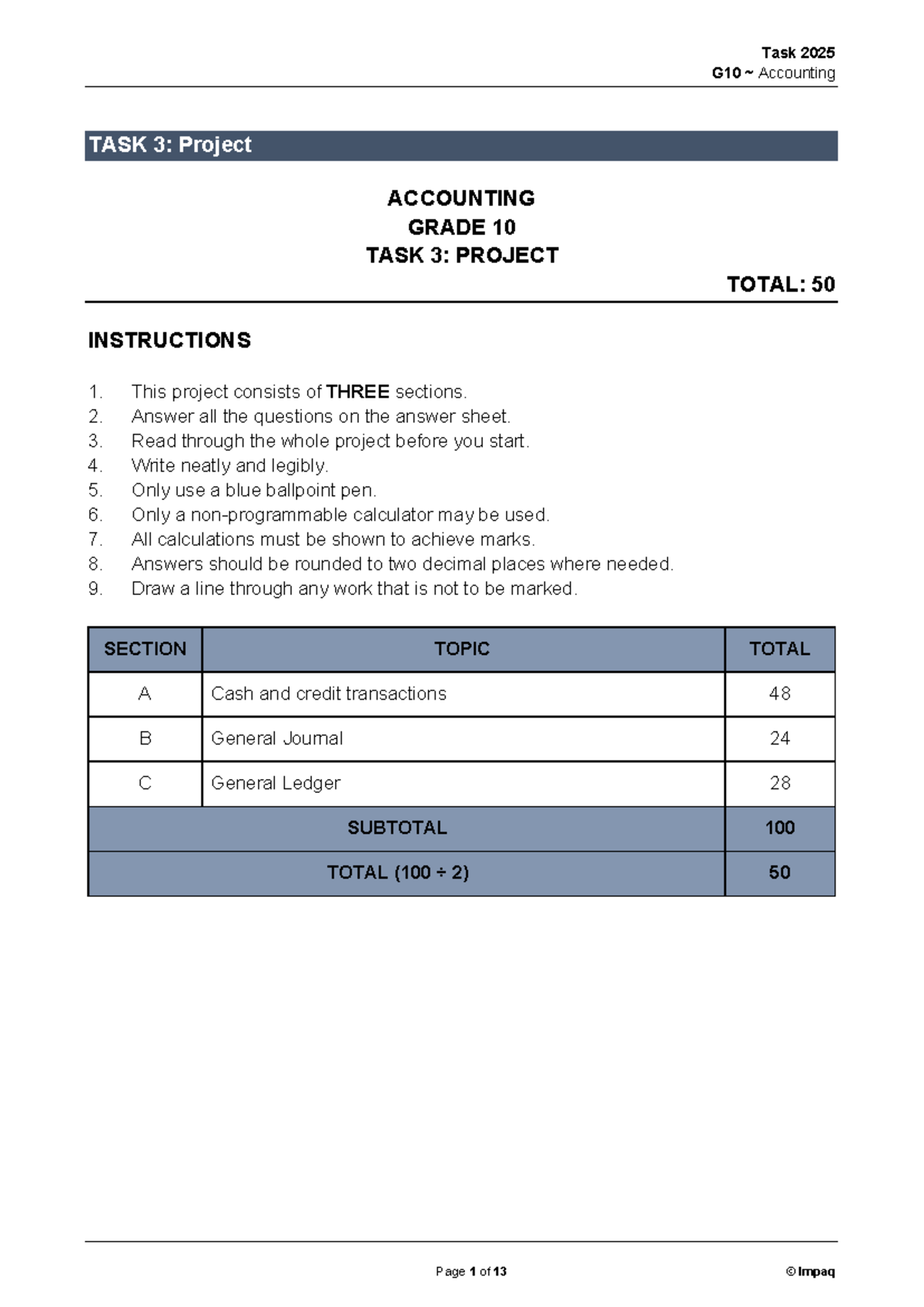 G10 Accounting Task 3: Project Instructions & Answer Sheet 2025 - Studocu
