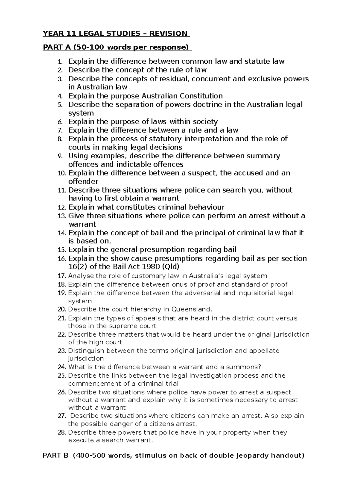 YEAR 11 LEGAL STUDIES – REVISION NOTES ON AUSTRALIAN LAW - YEAR 11 ...
