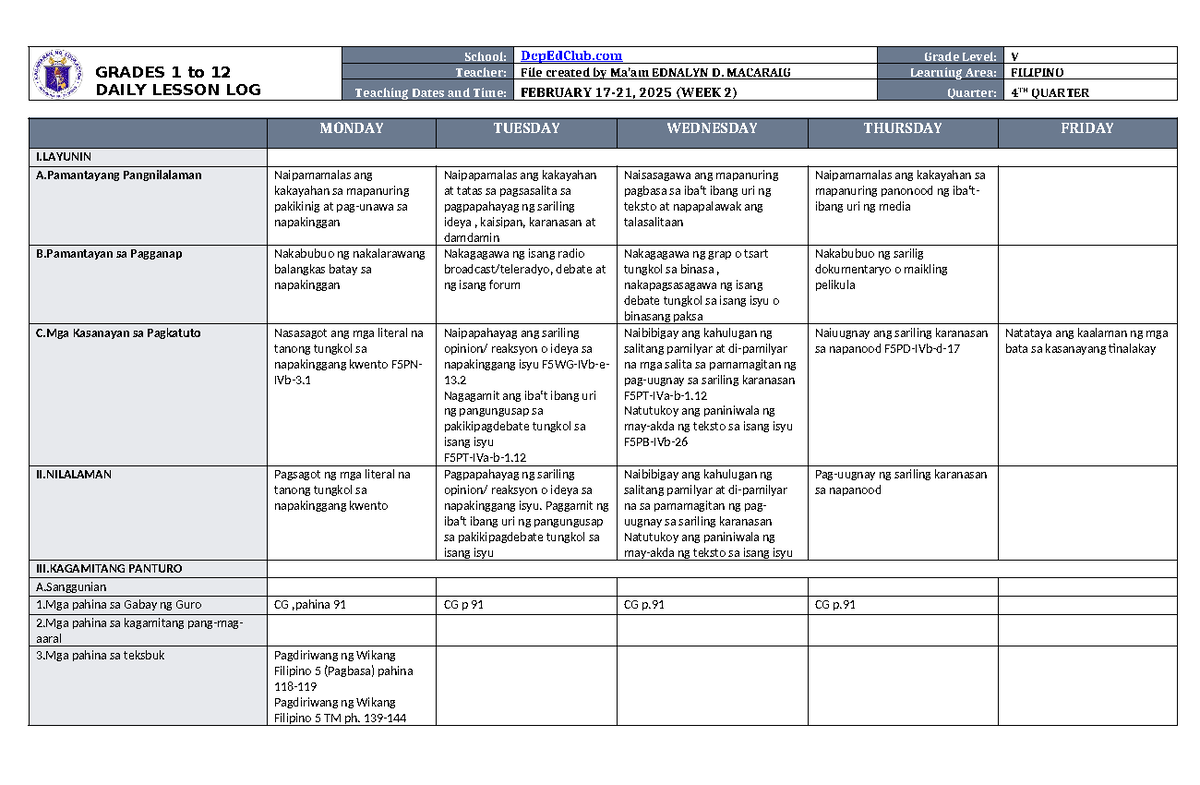 DLL Filipino 5 Q4 W2 - Daily Lesson Log for Week 2 - Studocu