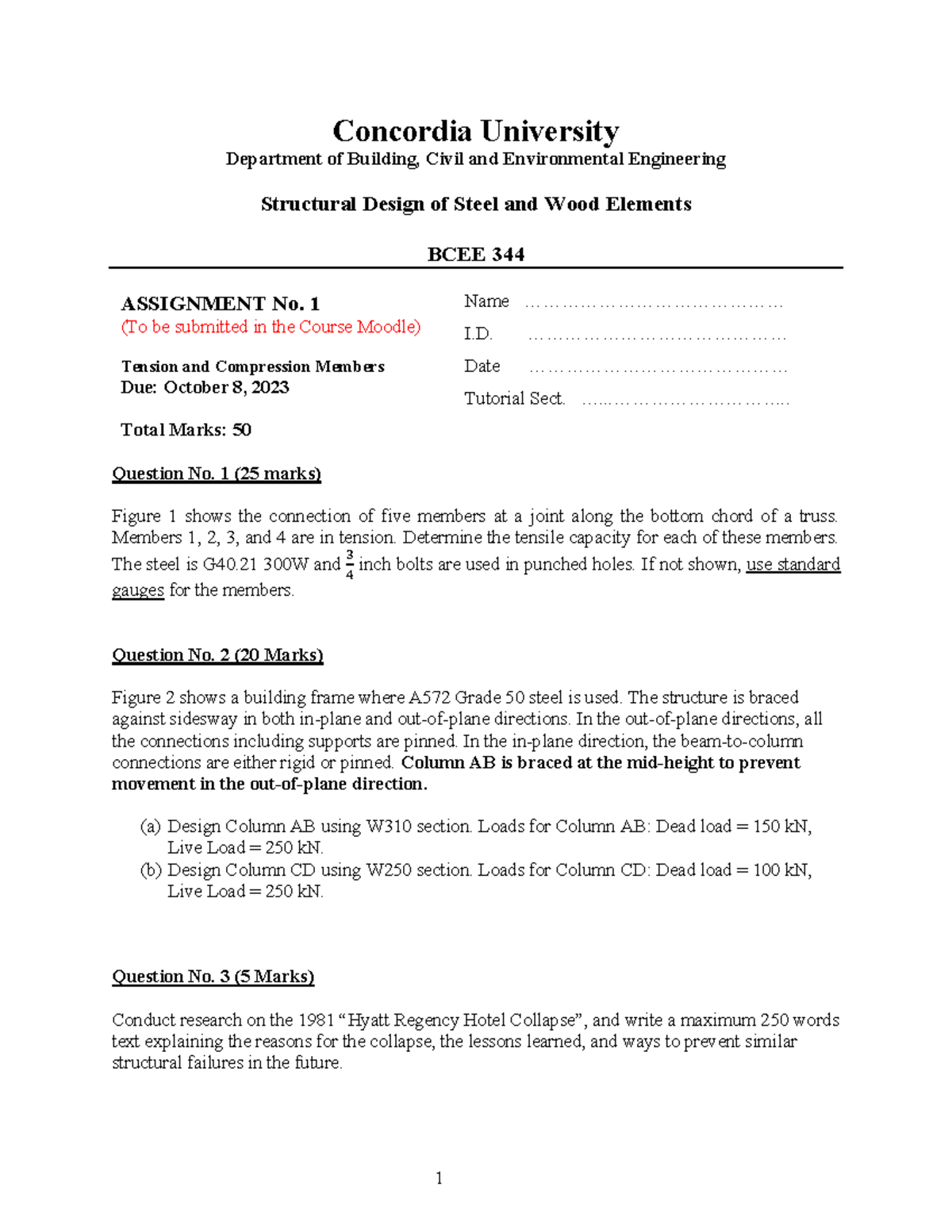 BCEE 344 - Assignment 1: Tension & Compression Members Analysis - Studocu