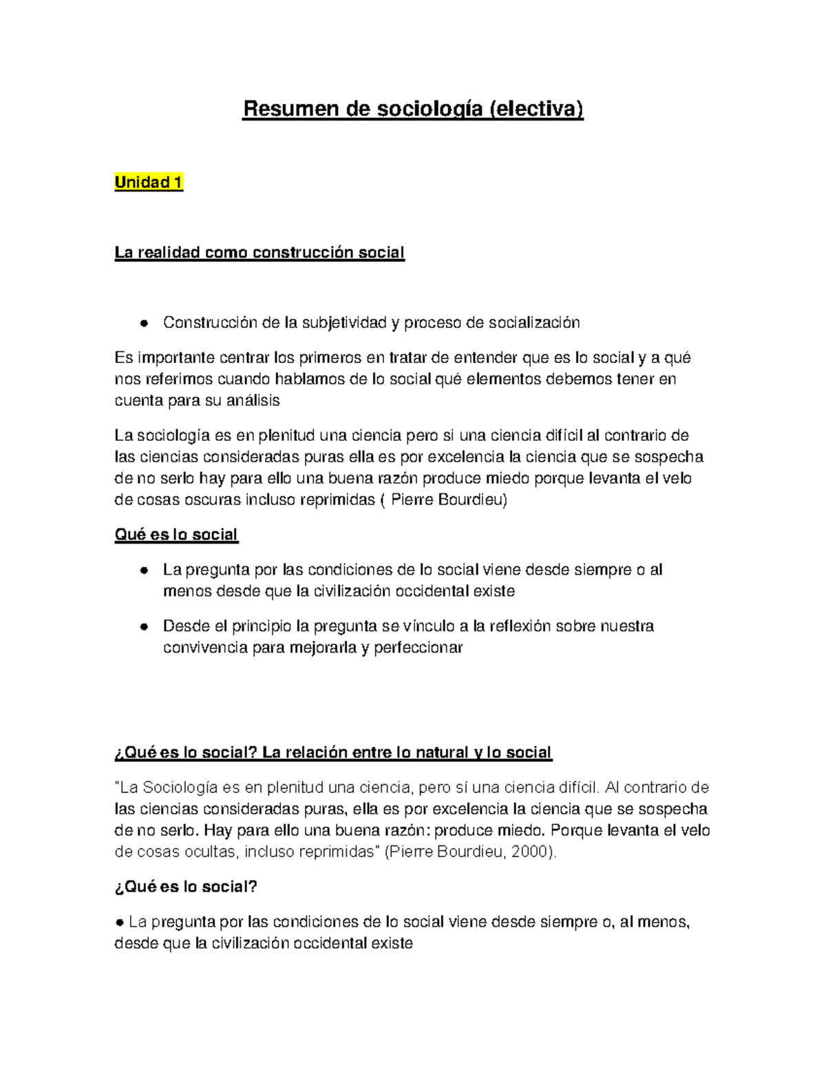 Resumen de Sociología Electiva - Unidad 1: La Realidad Social - Studocu