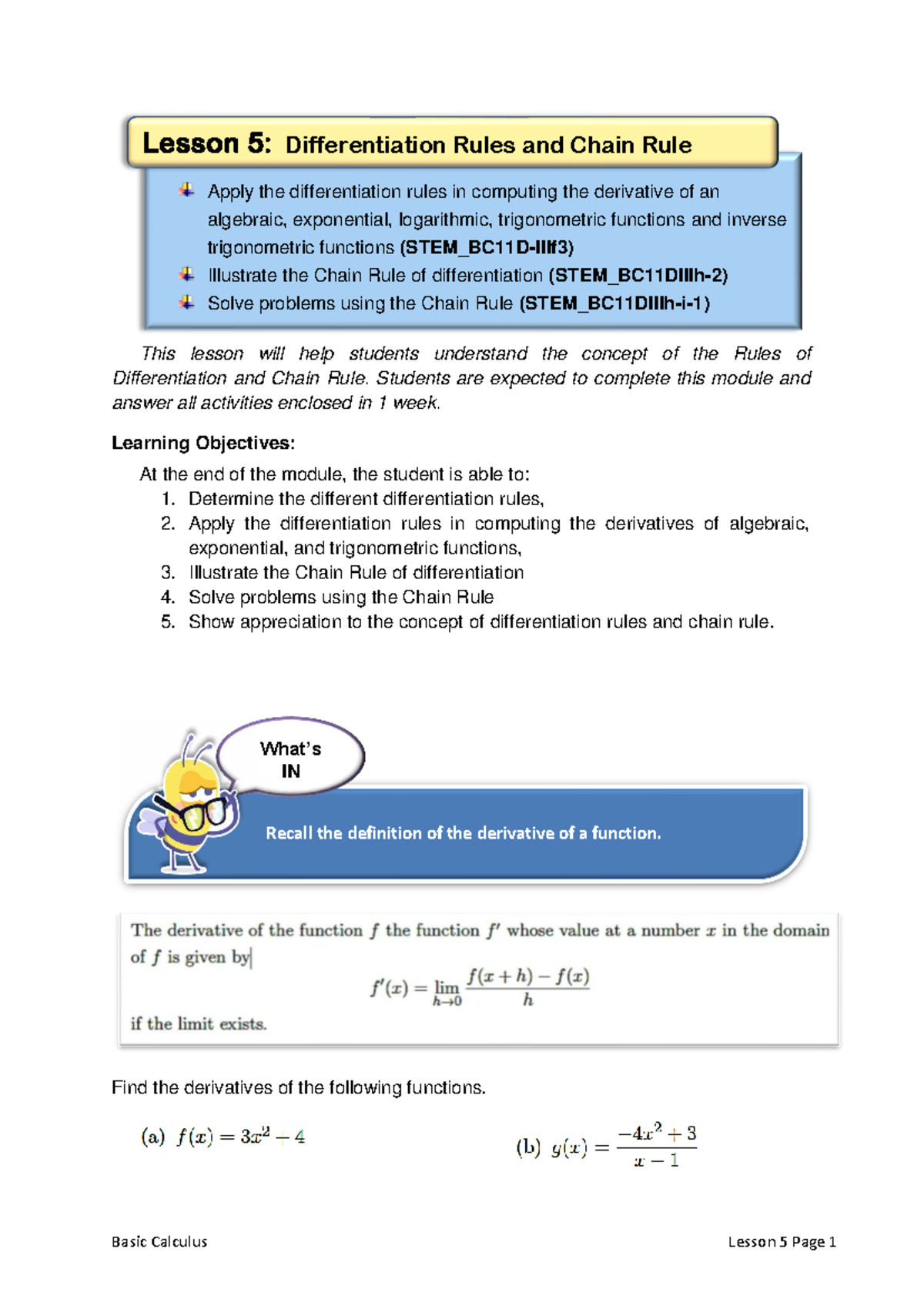 Lesson 5: Differentiation Rules & Chain Rule in Basic Calculus Q3W5 ...