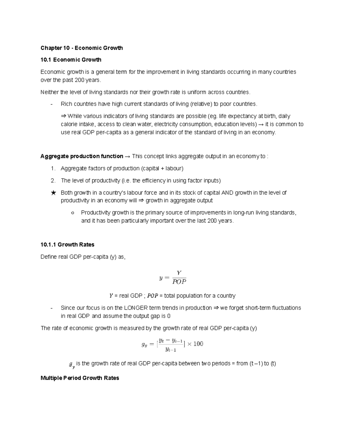 Econ1102 weekly notes - Chapter 10 - Economic Growth 10 Economic Growth ...