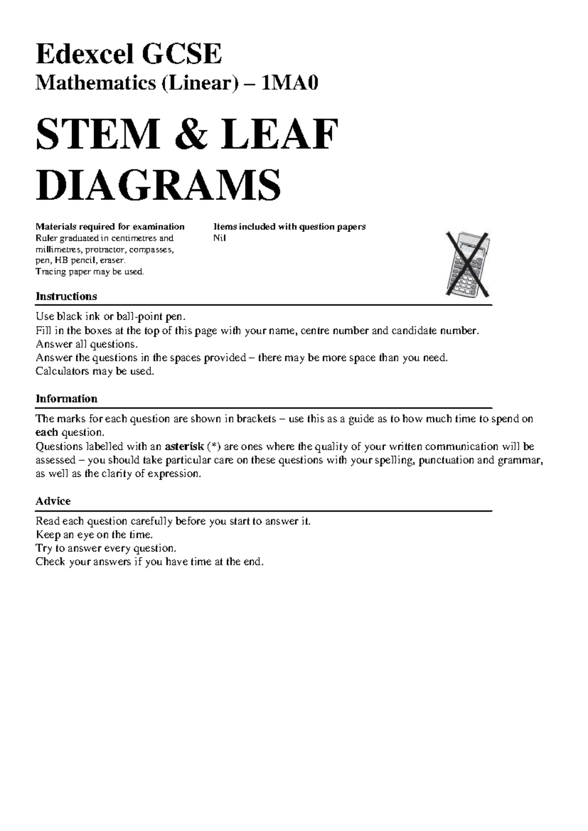Edexcel GCSE Maths 1MA0 Stem and Leaf Diagrams Exam Guide - Studocu