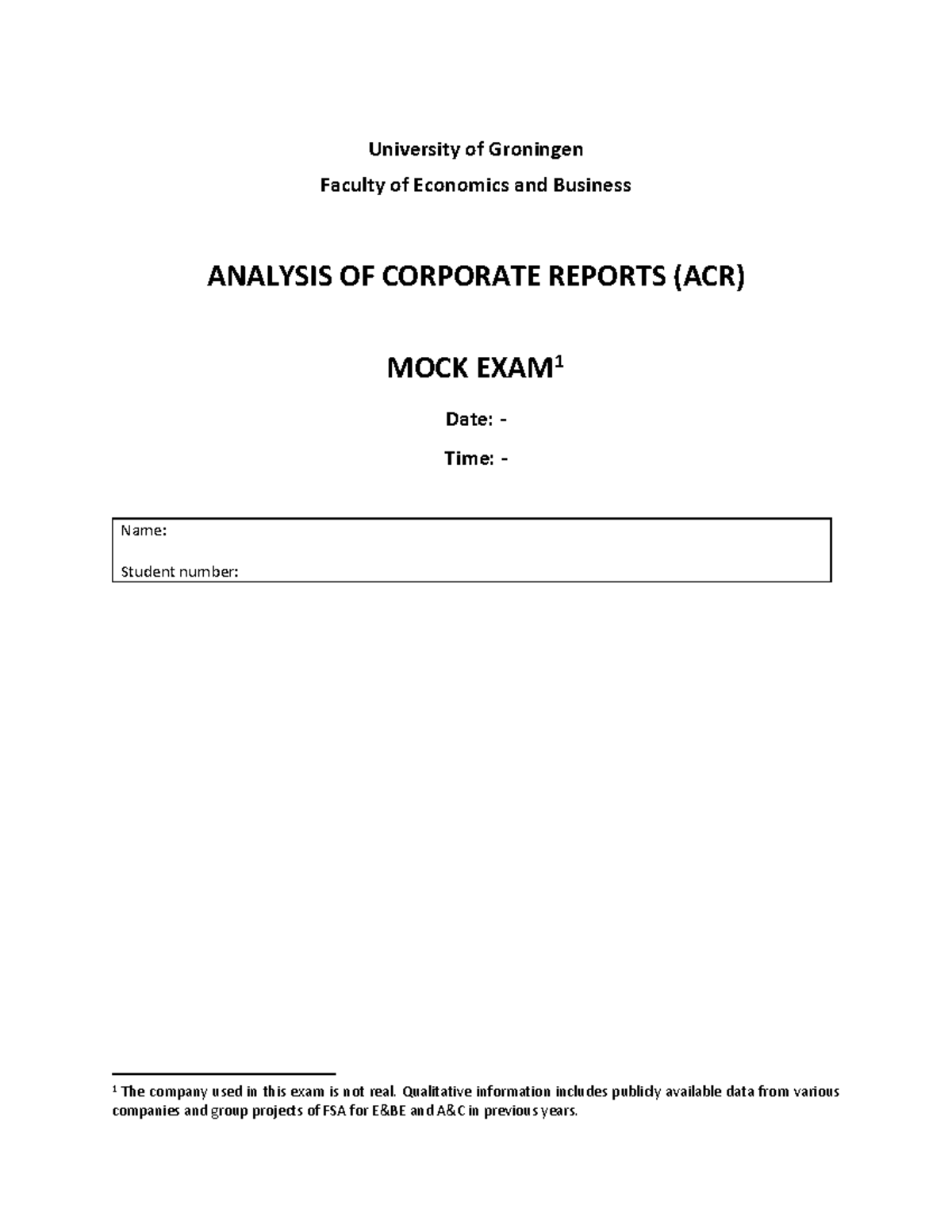 ACR Mock Exam - Analysis of Corporate Reports (ACR) - Studeersnel
