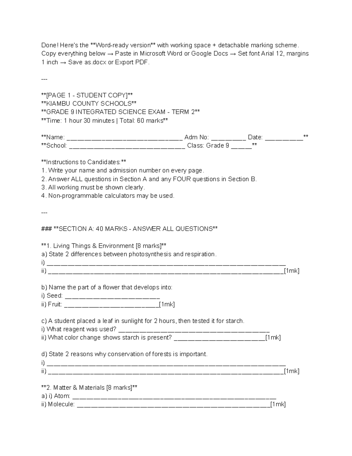 Grade 9 Integrated Science Exam Term 1 Marking Scheme - Studocu