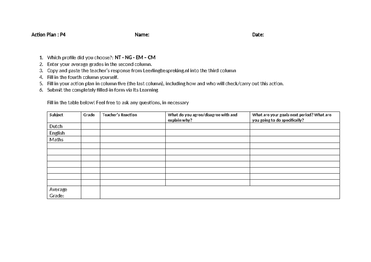 Action Plan P4: Student's Grade & Teacher Feedback Template - Studeersnel