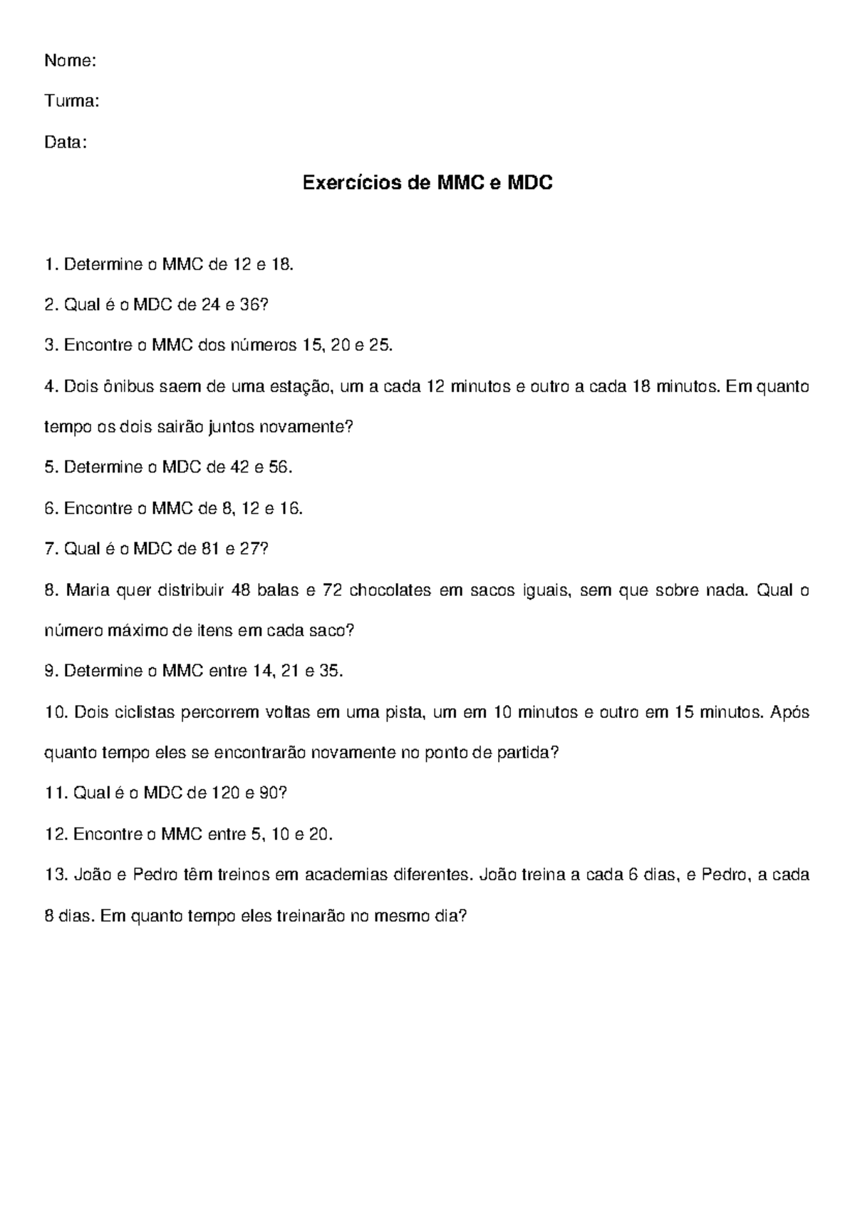 Exercícios de MMC e MDC - 7º e 8º Ano - Studocu