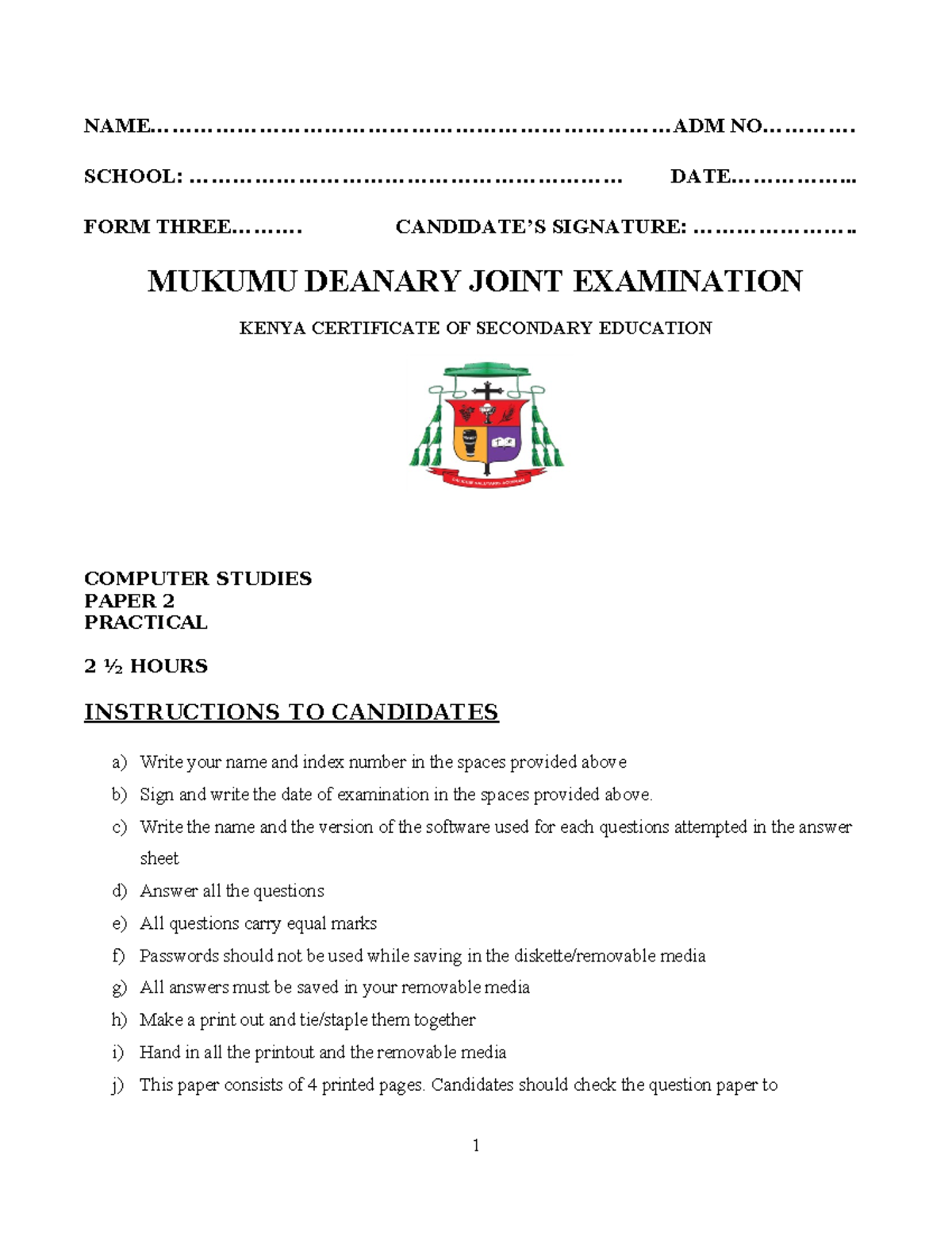 F3 PPR 2 Deanery Exam: KCSE Computer Studies Practical - Studocu