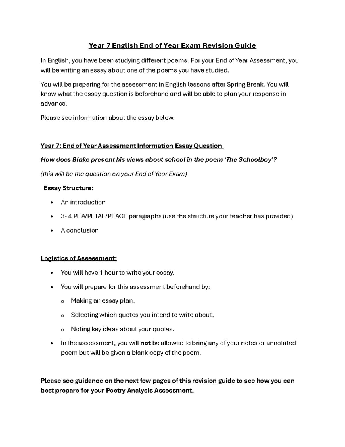 Year 7 English End of Year Exam Revision Guide: Poetry Analysis - Studocu