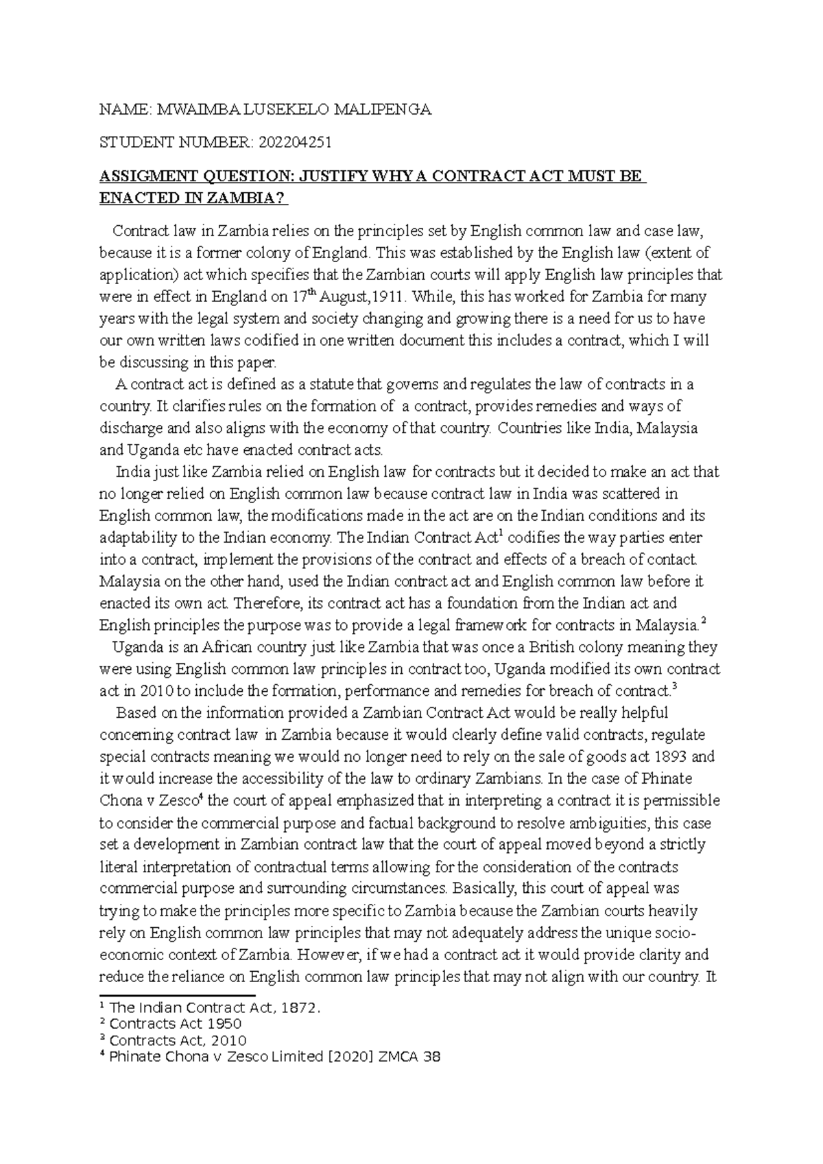 Justification for Enacting a Contract Act in Zambia: A Legal ...
