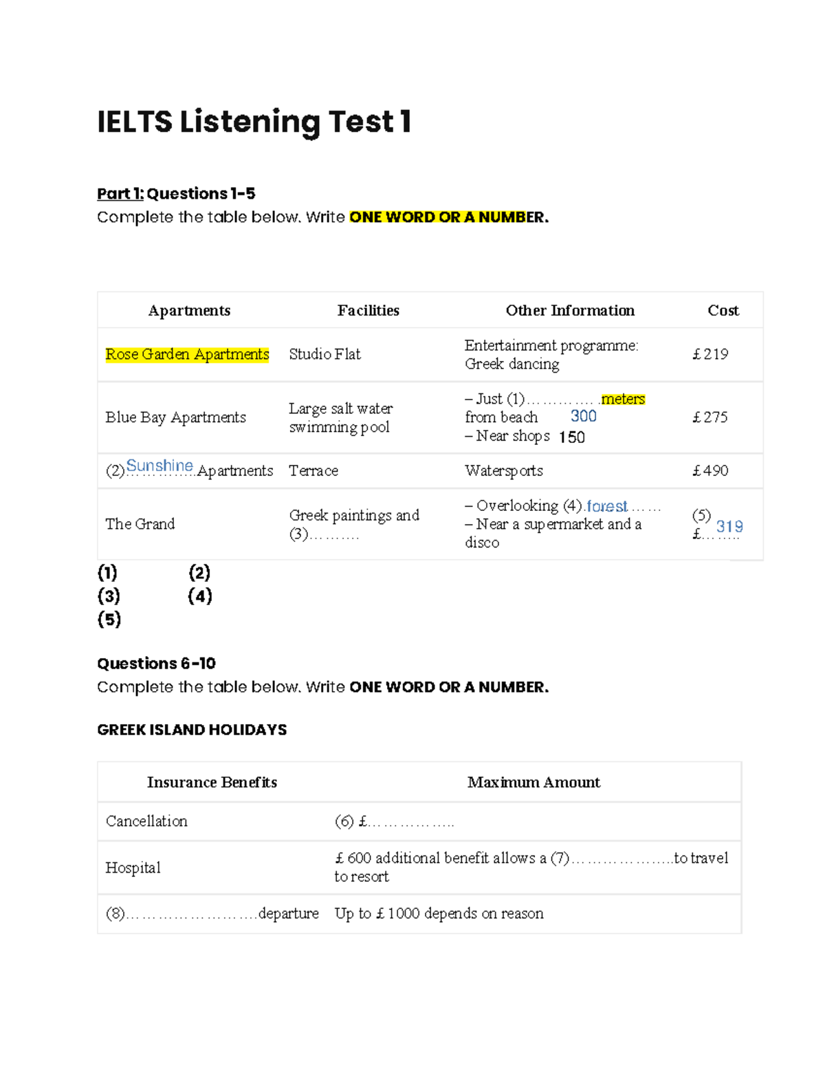 IELTS Listening Test 1: Complete the Table and Answer Questions - Studocu