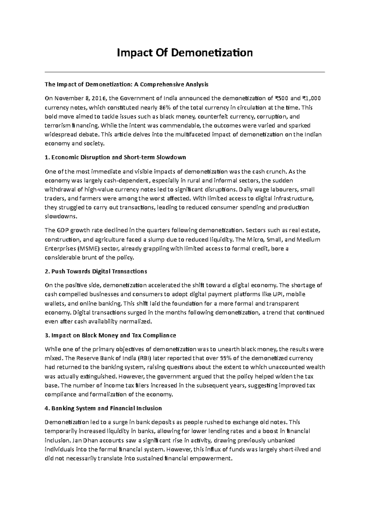 Impact of Demonetization: An In-Depth Analysis of Economic Effects ...