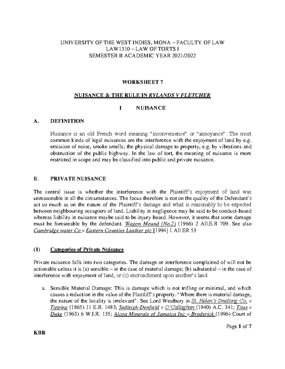 Tort I Worksheet 7-Nuisance The Rule in Rylands v Fletcher - Law of ...