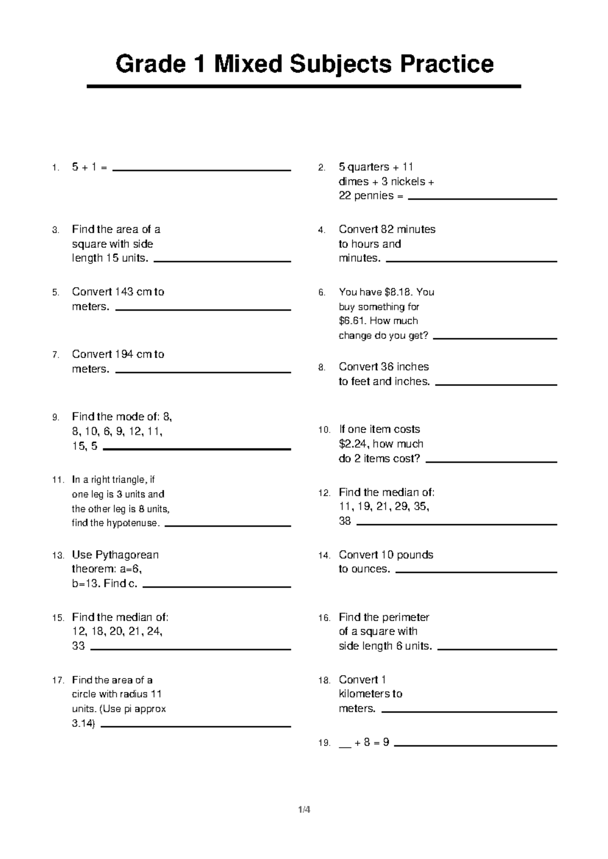 Grade 1 Mixed Subjects Practice 5: Math Skills & Exercises - Studocu