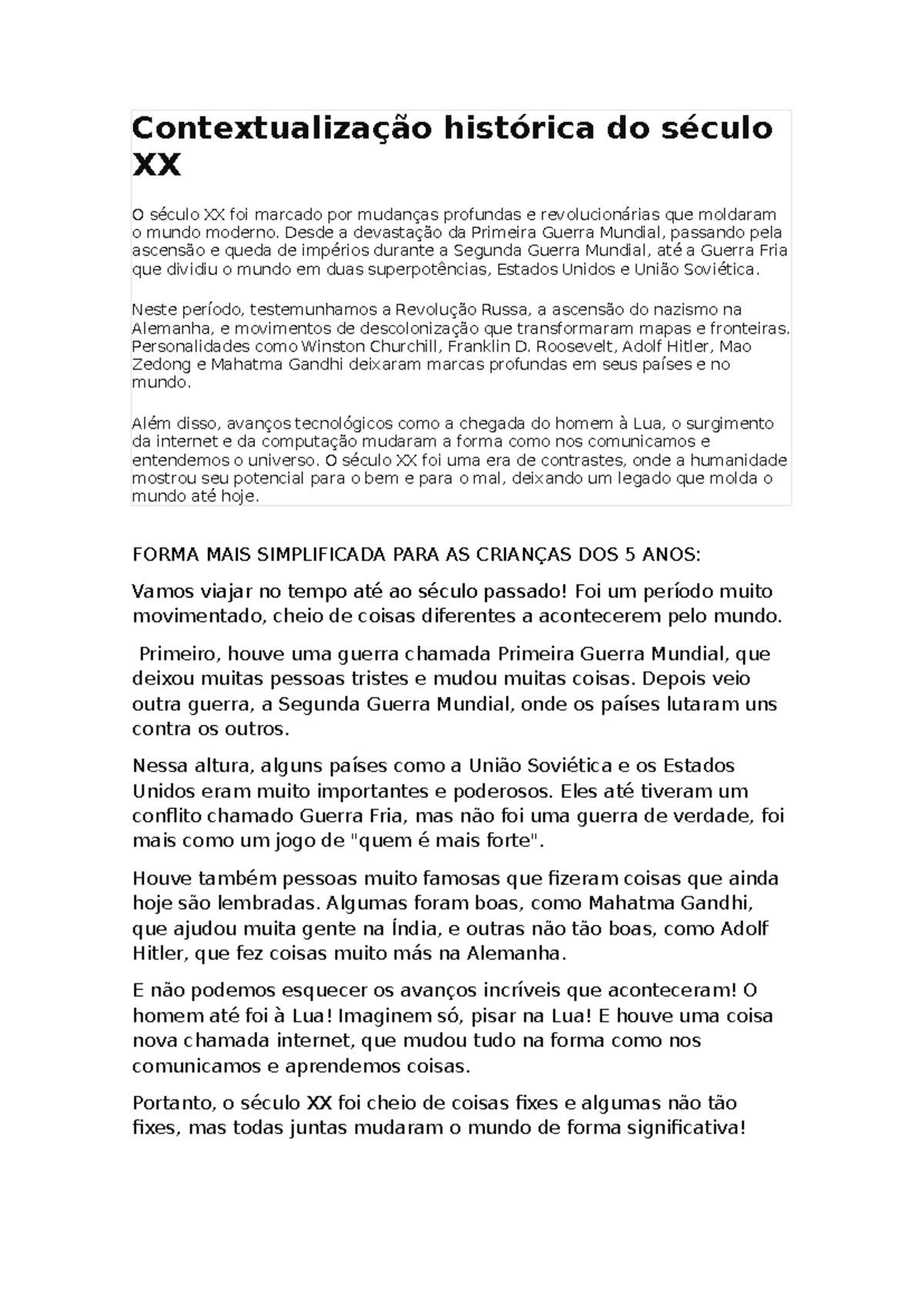 Contextualização Histórica do Século XX: Transformações e Legado - Studocu