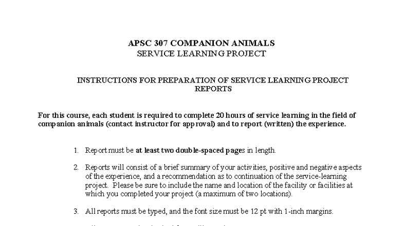 APSC 307 Service Learning Project Report Guidelines - Studocu