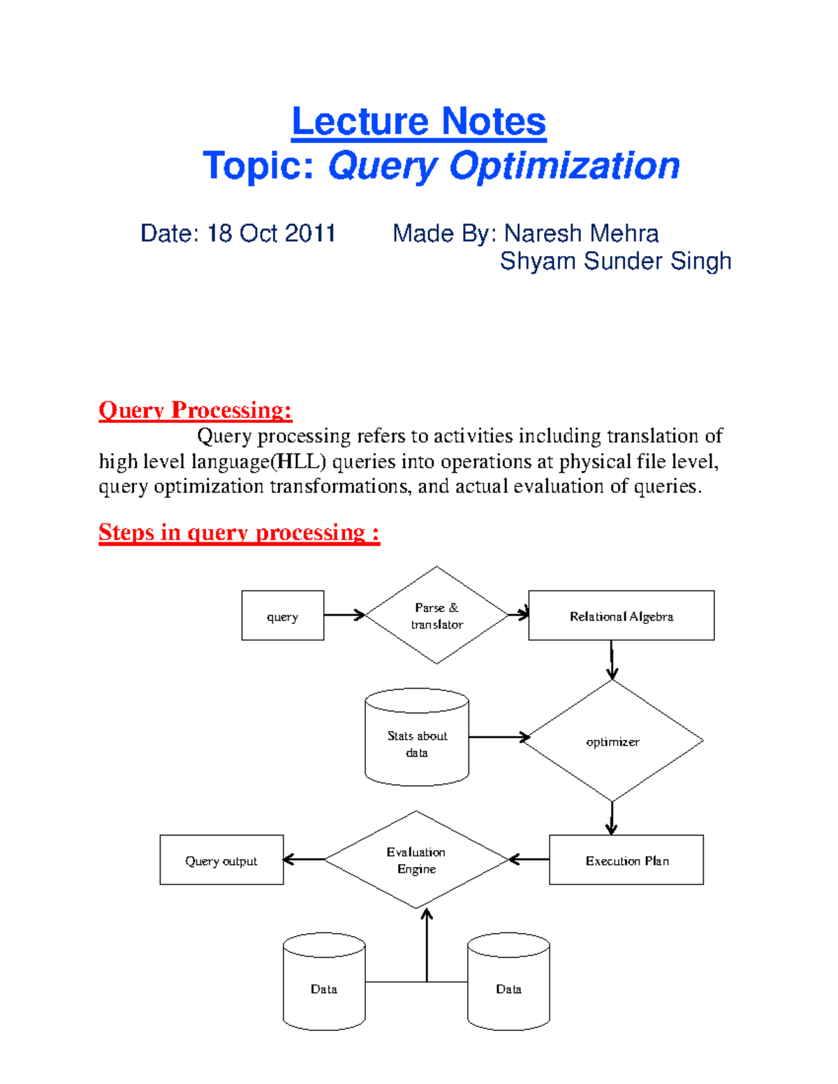 Unit 3 CSE-Notes: Query Optimization and Processing Techniques - Studocu