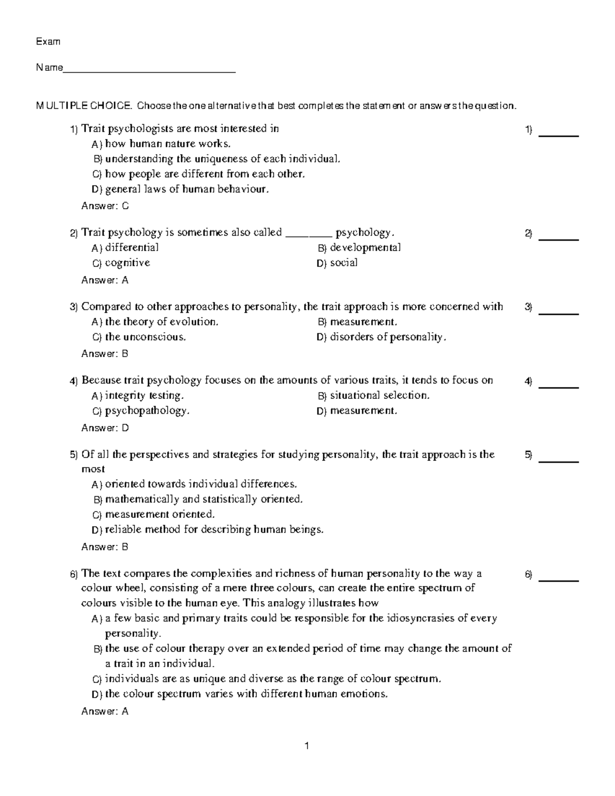 Chapter 4 Trait Psychology Practice Questions & Answers (PSYC 101 ...