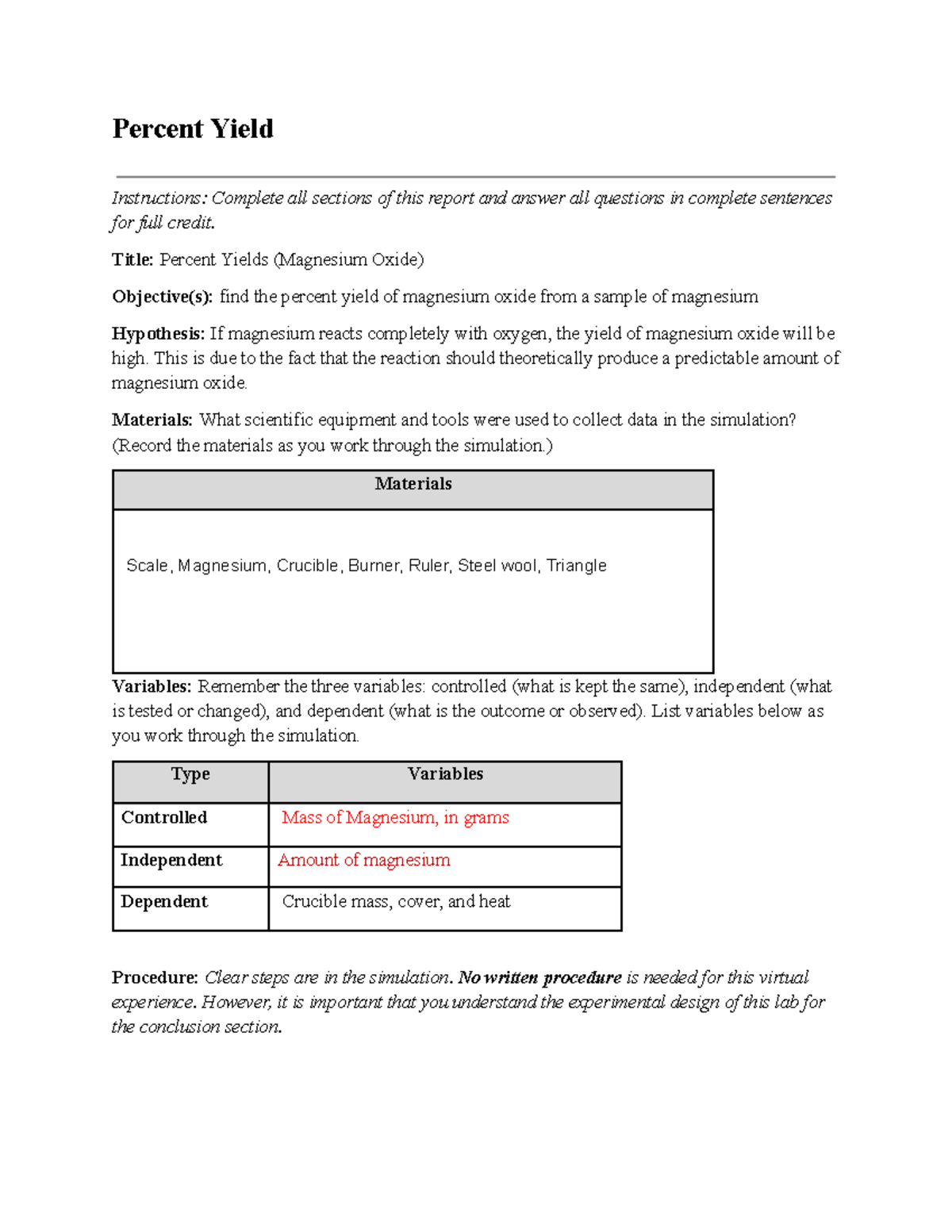 5.07 Percent Yield Lab Report (Magnesium Oxide) - Studocu