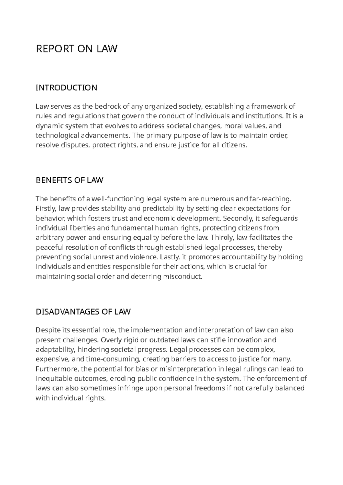 LAW 101: Comprehensive Report on Legal Systems and Their Impact - Studocu