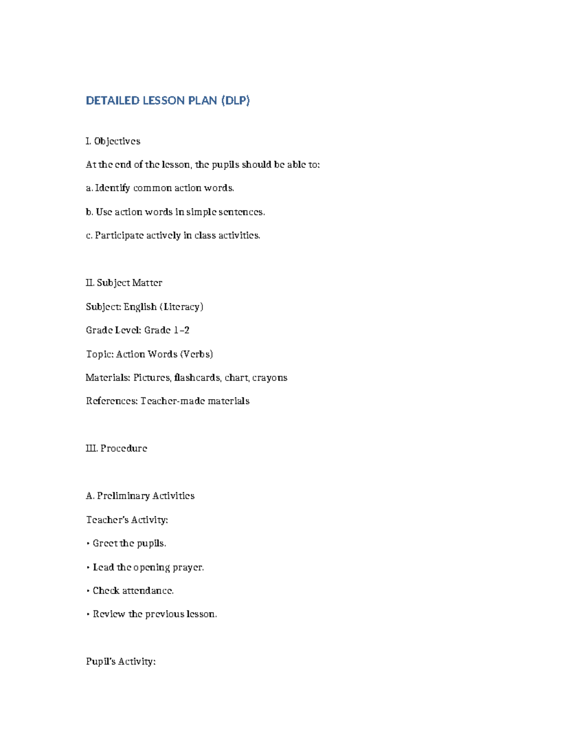 Grade 1-2 English Literacy Detailed Lesson Plan on Action Words - Studocu