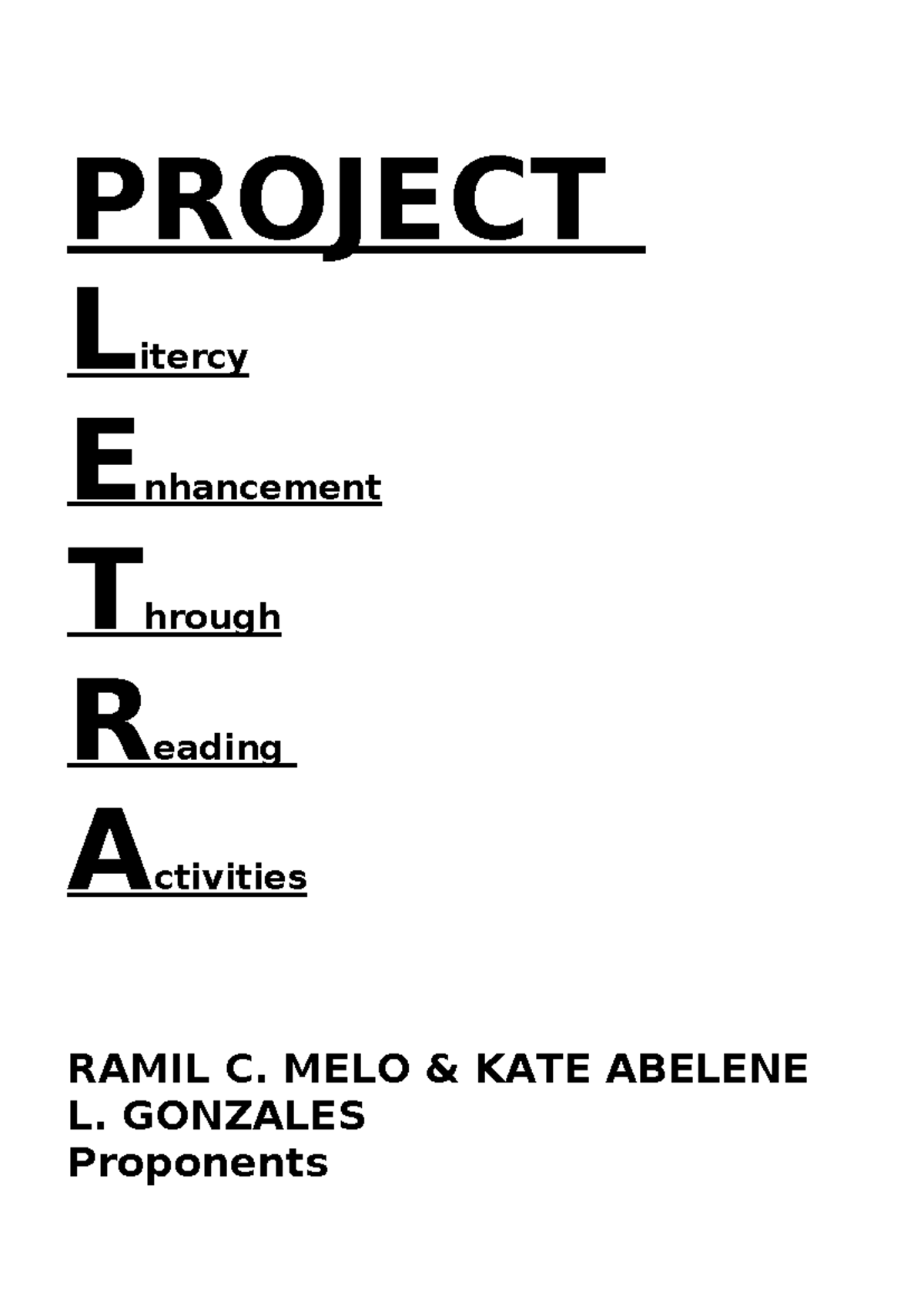 Project LETRA Proposal: Enhancing Literacy Through Reading Activities ...