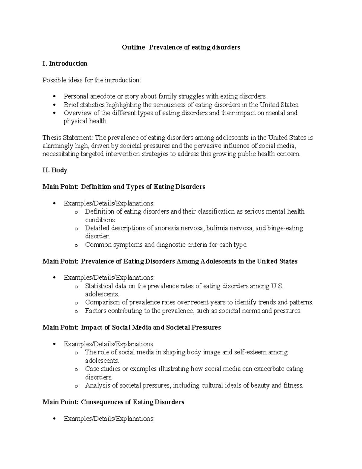 Paper outline - Outline- Prevalence of eating disorders I. Introduction ...