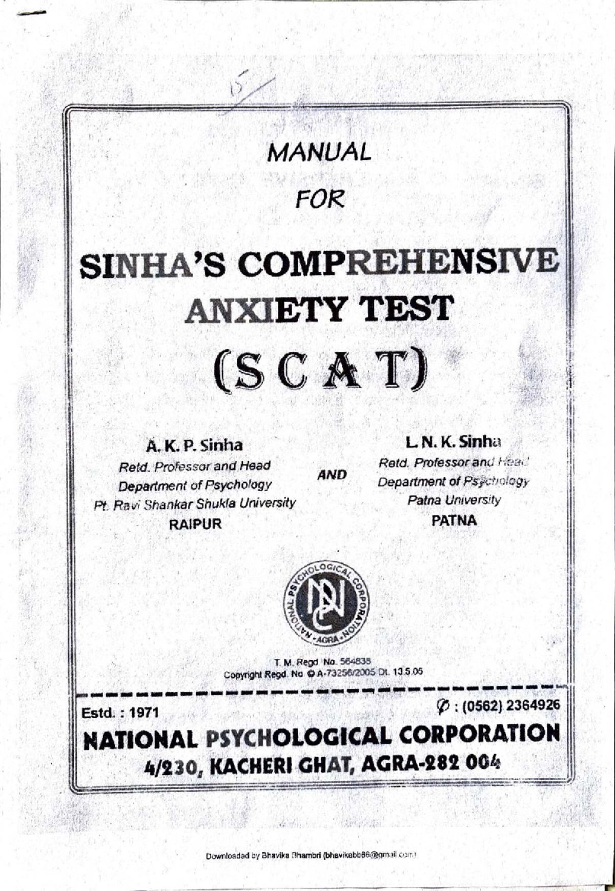 Manual for Comprehensive Anxiety Test (SCAT) - Detailed Overview and ...