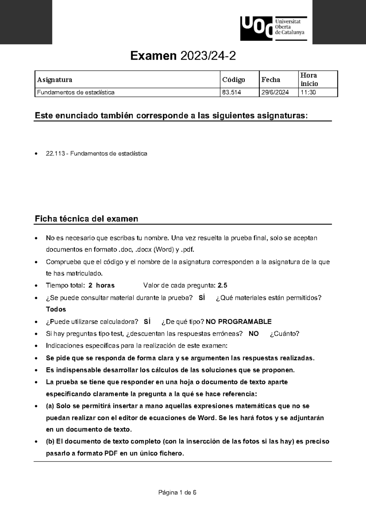 Examen Final Fundamentos de Estadística 83.514 - Ejemplo 20232 - Studocu