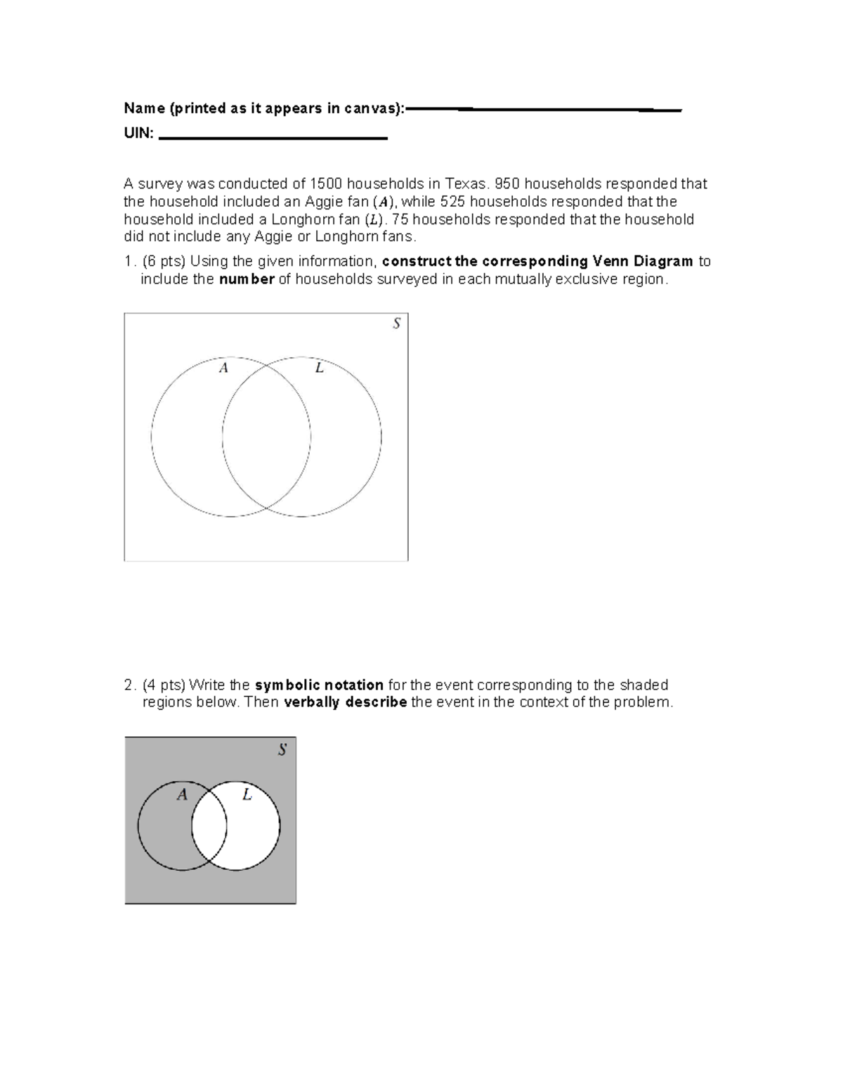 Math 140 Core Curriculum Assessment 1: Venn Diagrams & Probabilities ...