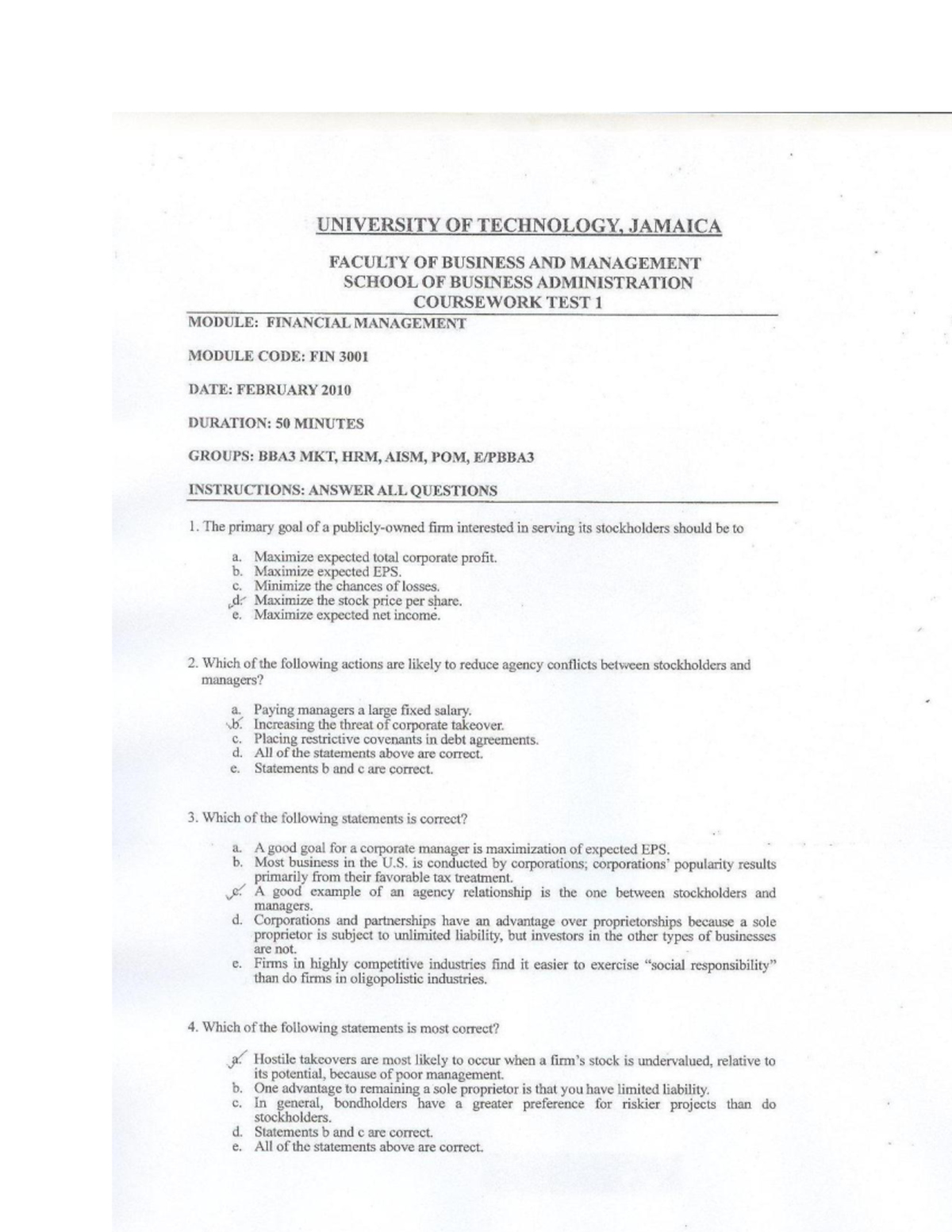 FIN MAN TEST 1 Past Paper Review and Solutions - Studocu