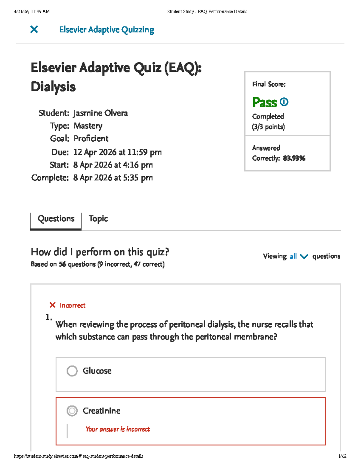 Elsevier Adaptive Quiz (EAQ): Dialysis Performance Review - Studocu