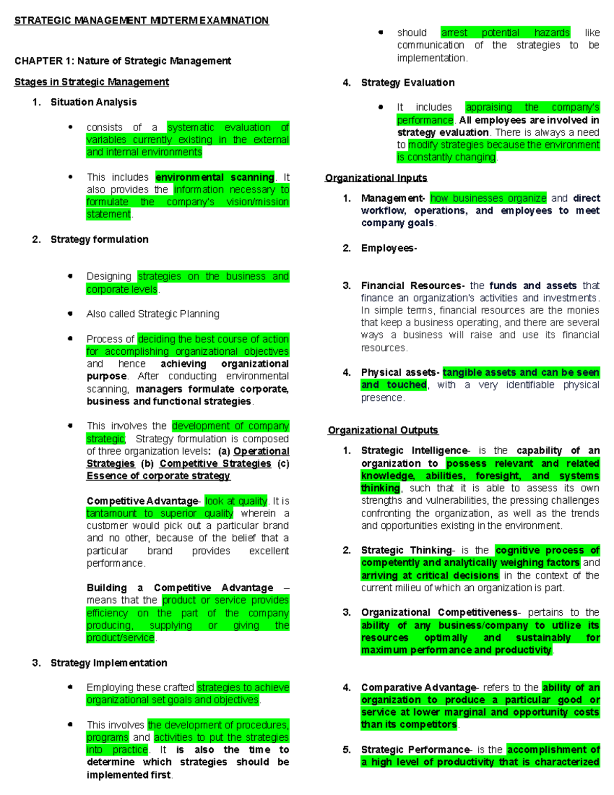 Reviewer strat man - STRATEGIC MANAGEMENT MIDTERM EXAMINATION CHAPTER 1 ...