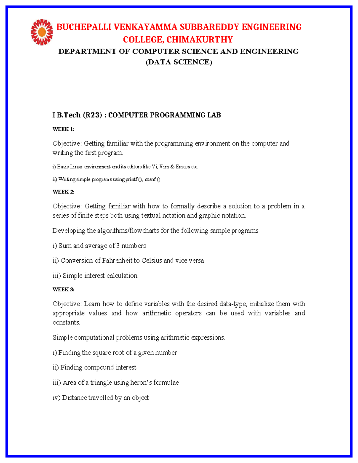 Computer Programming Lab (CSE R23) - Weekly Objectives and Exercises ...