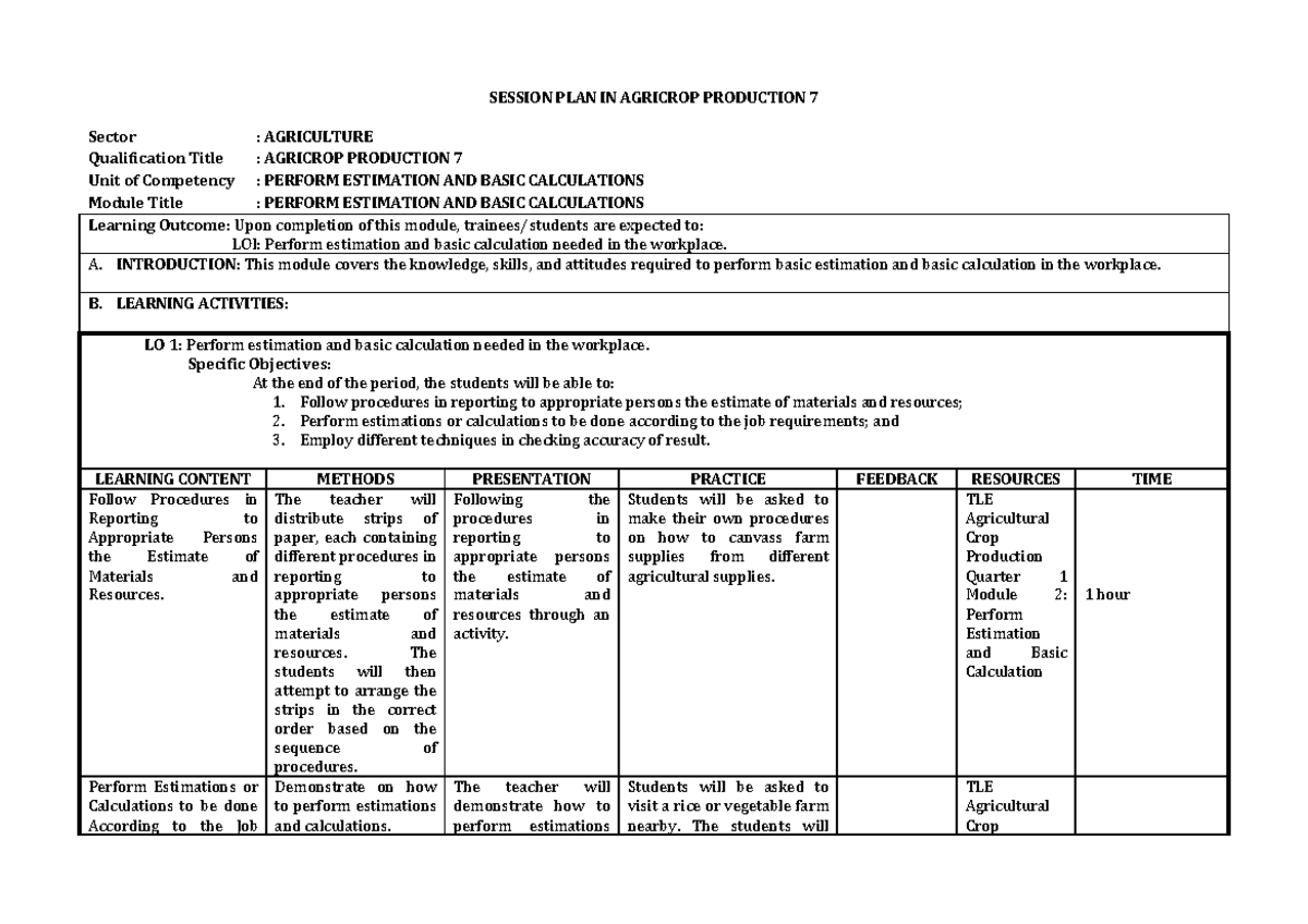 Agricrop Production 7: Session Plan for Estimation & Calculations - Studocu
